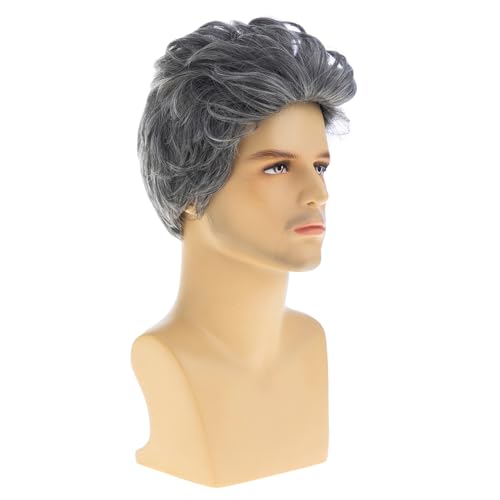 Baruisi Grey Short Wavy Layered Men’s Wig – Synthetic 100% Heat-Resistant, Halloween/Cosplay