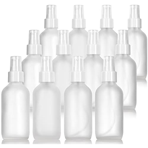 JUVITUS 4 oz / 120 ml Frosted Clear Glass Boston Round Bottle with White Treatment Pump BPA Free Refillable Empty Storage Containers (12 Pack) + Travel Foamer