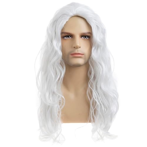 White Long Curly Wavy Costume Wig - Heat Resistant Synthetic Hair for Men & Women - Sallcks
