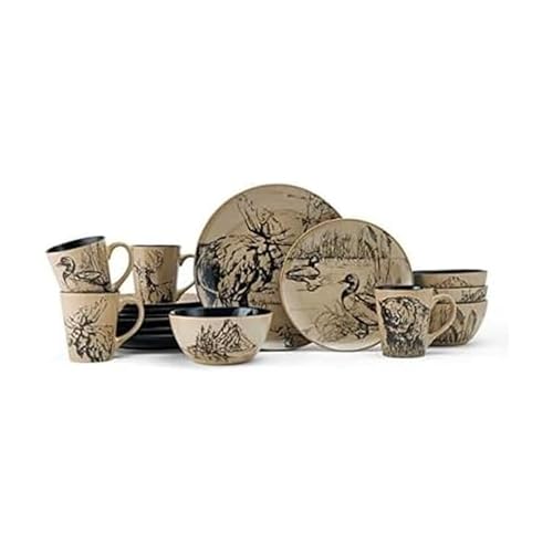 Mossy Oak 16-Piece Stoneware Dinnerware Set - Lodge-Style Wildlife Design for Family Dining