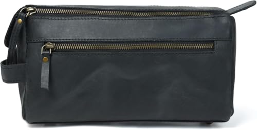 Men's Leather Toiletry Bag - Vintage Dopp Kit Organizer with Waterproof Lining - Black, Small