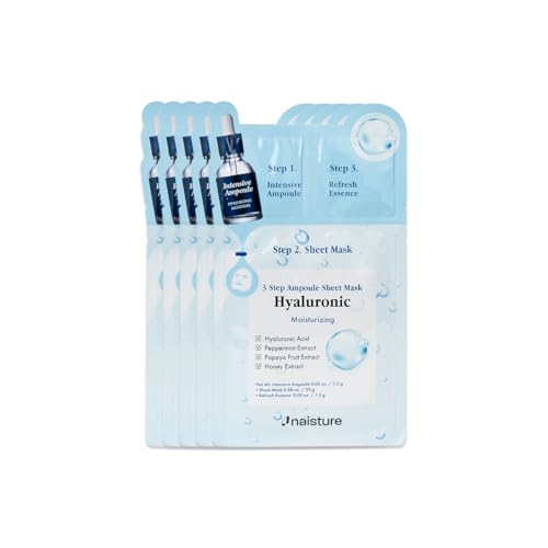 Naisture 3 Step Ampoule Hydrating Sheet Mask Set for Skin Elasticity, Smoothing, and Moisture. Korean Skincare Kit with Ampoule, Mask, and Essence (5 pcs) (Hyaluronic Acid)