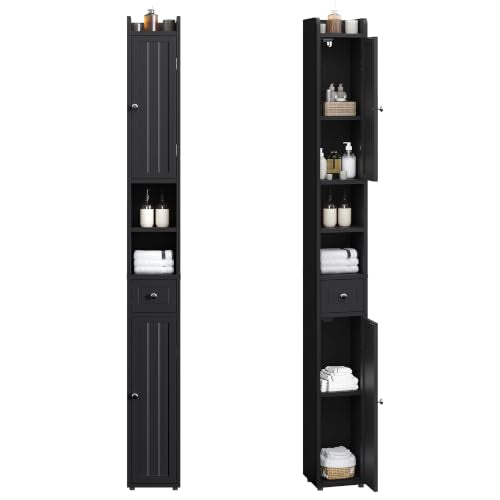 Narrow Bathroom Storage Cabinet with Adjustable Shelves & Drawer - Black