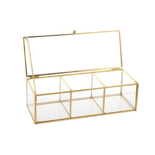 Gold Glass Jewelry Box with Compartments - Clear Display Canister Organizer for Jewelry & Trinkets