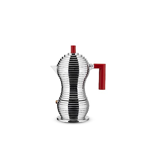 Alessi Pulcina 3-Cup Red Stove Top Espresso Maker with Aluminum Handle