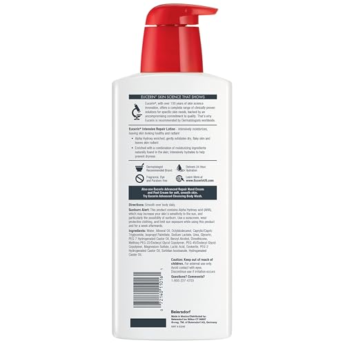 Eucerin Intensive Repair Body Lotion for Dry Skin with Alpha Hydroxy, Body Moisturizer for Very Dry Skin, Moisturizes, Exfoliates and Conditions, Fragrance Free and Paraben Free, 16.9 Fl Oz Bottle