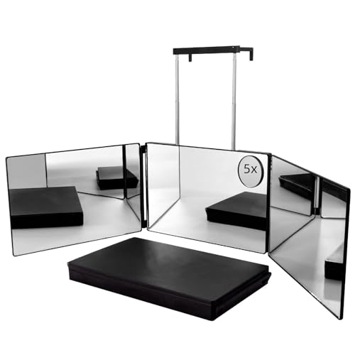 SELF FIND 3-Way Mirror for Hair Cutting, 360° Telescoping Barber Mirror with 5x Magnification (Black - Without Light)