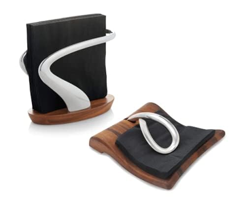 Nambe Breeze Napkin Holder - Modern Acacia Wood & Stainless Steel Tabletop Organizer