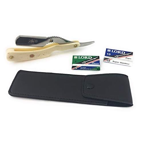 G.B.S Classic Straight Edge Long Scales Folding Razor, Barber Shavette Leather Case 10 Blades, Ivory Horn