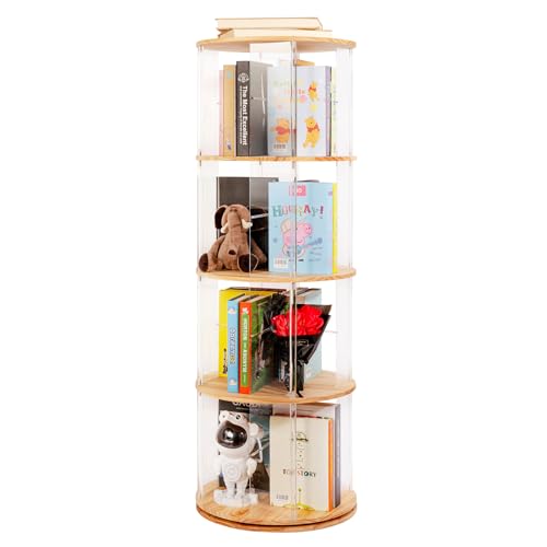 4-Tier Natural Round Rotating Bookshelf - 360° Spinning Book Tower with Solid Wood & Clear Acrylic