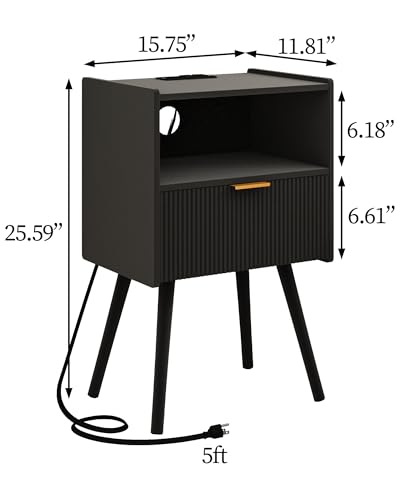 Nightstand with Outlet & Storage Drawer - Black, Modern Bedside Table with Open Shelf - Small Space Accent Table - Black-1