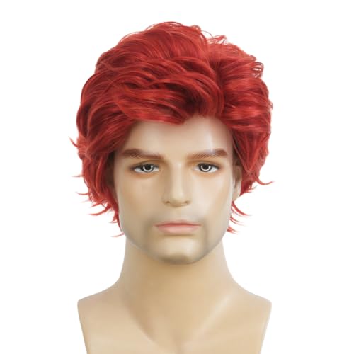 Men's Red Short Curly Synthetic Wig - Side Part Natural Halloween & Daily Use