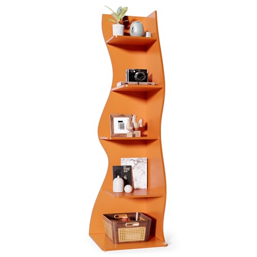 LITTLE TREE Small Corner Shelf - 5-Tier Wall Wavy Bookshelf in Orange, Space-Saving Modern Design