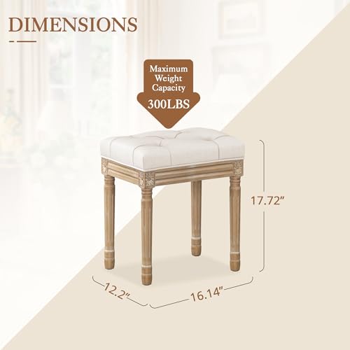Upholstered Fabric Vanity Bench Seat with Carved Wood Legs - Beige, Variation of Beige and Wood