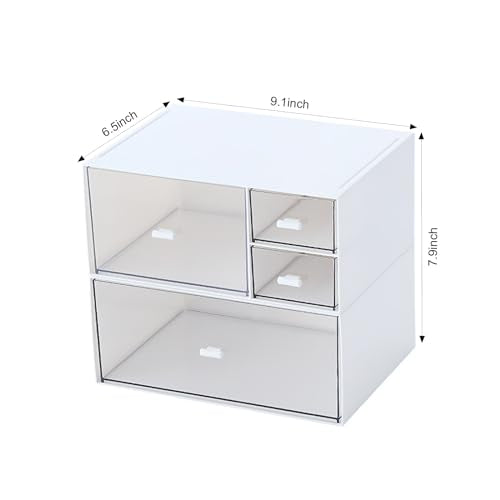 Desk Organizer with 4 Drawers, Makeup Organizer, Plastic Sundries Storage, Vanity Organizer, Cosmetic Storage Organizer, Desk Storage Box, Bathroom Counter or Dresser, White (CD-QBH-01)