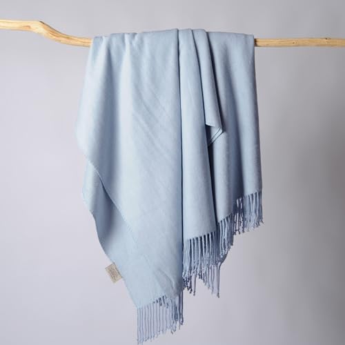Silk Throw Blanket with Hand-Knotted Fringe - Natural Blue, 50 x 65 Inches