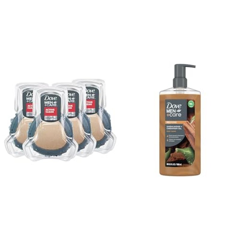 DOVE MEN + CARE Shower Tool For Stronger, Healthy-Feeling Skin Active Clean Scrubs and Exfoliates Body Wash Sandalwood + Cardamom Oil to Rebuild Skin in the Shower