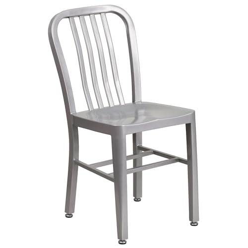 Set of 1 Silver Metal Indoor-Outdoor Dining Chair - Commercial Grade, Weather-Resistant
