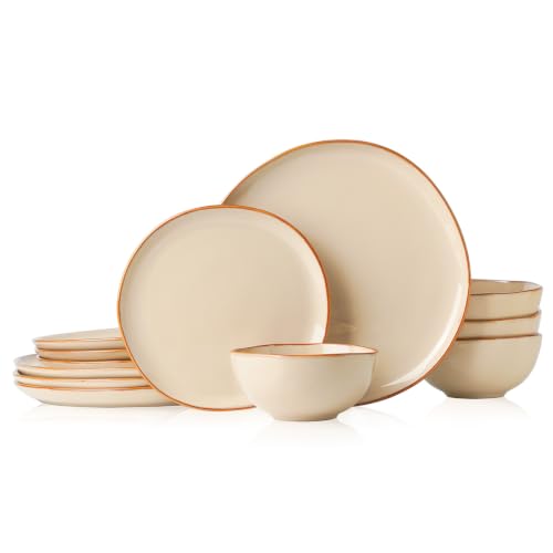 Stoneware Dinnerware Set for 4 - 12 Pcs Beige Reactive Glaze Plates Bowls
