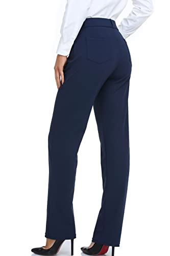 Oalka Women's Straight Leg Dress Pants - Medium Short Navy Blue Work & Yoga Pants