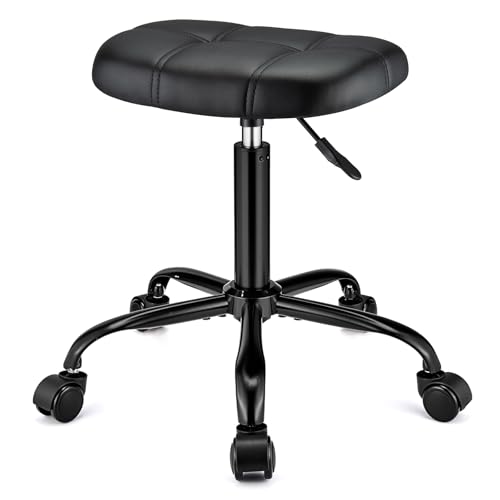 Square Rolling Stool with Wheels Height Adjustable Swivel Stool Chair for Salon Massage Spa Stable Foot Base Black