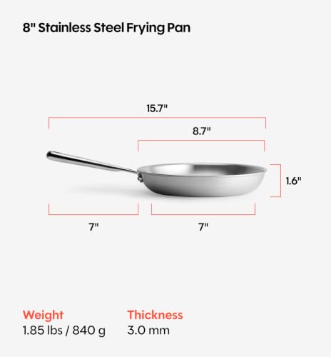 8-Inch Stainless Steel Frying Pan - Professional 5-Ply Cookware for Induction, Gas & Electric, Oven Safe to 800°F