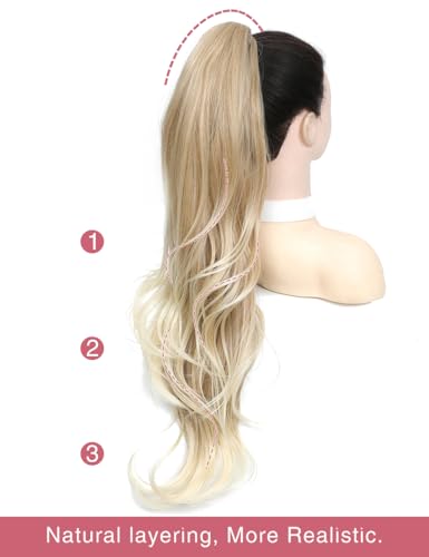 MEGICAEBEAUTY 26 Inch Light Blonde Clip-In Ponytail Hair Extensions Curly & Straight