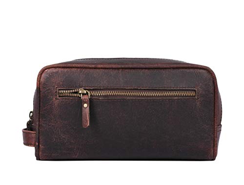 Leather Toiletry Bag for Men and Women - Walnut 10.5 Inch Travel Dopp Kit