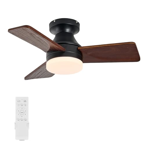 30 in Walnut Wood Ceiling Fan with Light & Remote, 3-Blade Flush Mount