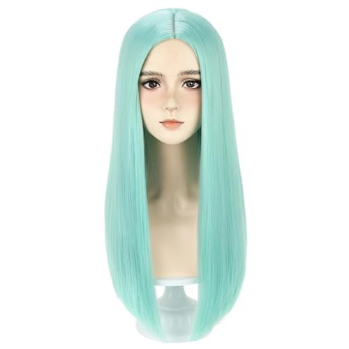 Long Straight Mint Green Wig - 22 Inch Cosplay & Daily Party Hair with Hairnet