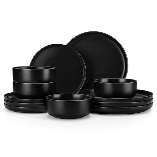 Black Porcelain Dinnerware Set for 4 - 12 Pieces Plates & Bowls, Microwave & Dishwasher Safe