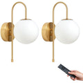 Battery Operated Gooseneck Wall Sconces - Brushed Gold Globe Glass Set of 2 - Gooseneck Variation