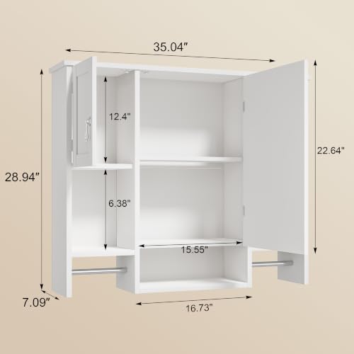 Large Bathroom Wall Cabinet with Mirror & Towel Bars, Storage Shelf, White