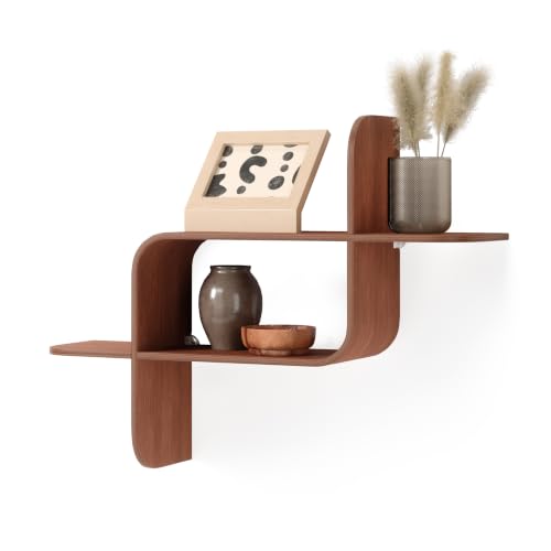 Floating Wall Shelf - Natural Walnut Finish, Modern Geometric Design, Mounts Horizontally or Vertically, 15lb Capacity - Light Walnut Variation