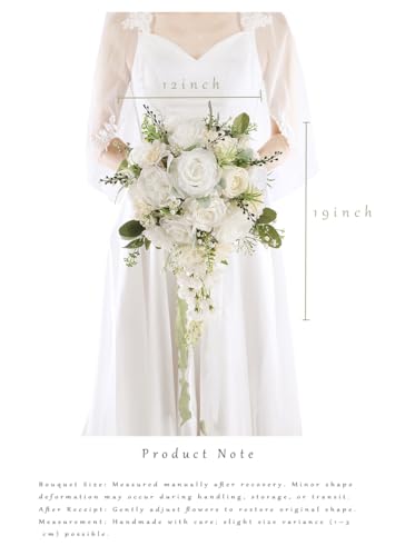 12 Inch Cascade Wedding Bouquet for Bride - Ivory & Champagne - Faux Silk Flowers