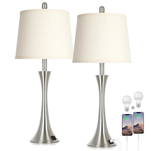 Silver 27.5-Inch Set of 2 Touch Dimmable Bedside Table Lamps with USB-C Ports