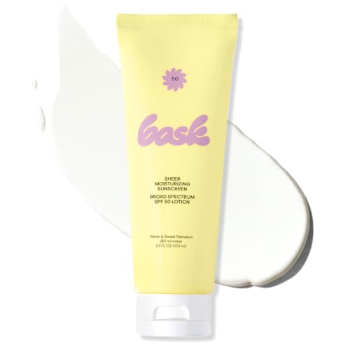 Bask Suncare SPF 50 Sheer Moisturizing Sunscreen Lotion - Broad Spectrum UVA/UVB Protection, Dermatologist Recommended, Hydrating, Lightweight & Non-Greasy, No White Cast, Travel Size, 3.4 fl oz