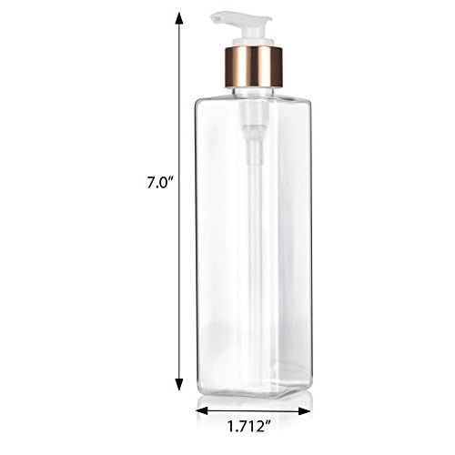 8 oz / 250 ml Clear Plastic PET Square Bottle (BPA Free) with Gold Lotion Pump (6 Pack)