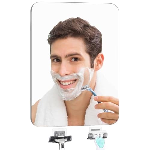 Shower Mirror Fogless Shaving Large(10.3x7.9in) - Includes 2 Razor Holders & 2 Mirror Holders, Unbreakable & Easy Install & NO-Drilling, Fog Free (No Fog) Shower Mirror for Shaving