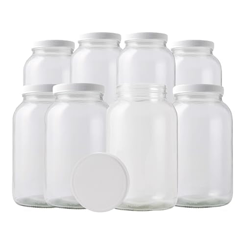 8-Pack 1 Gallon Wide Mouth Glass Jars with White Plastic Lids for Food Storage