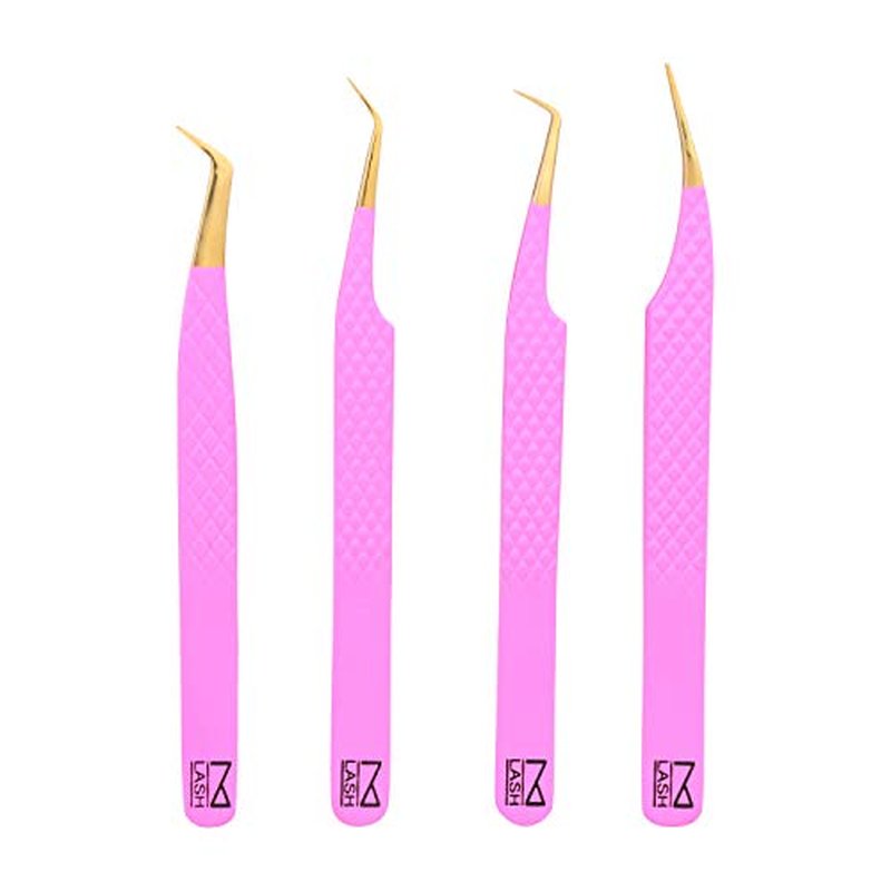 M LASH tweezers for Eyelash Extension (Set of 4) - Professional & Precision Eyelash tweezers - Japanese Steel, Diamond Grip, Fiber Tip V3 lash applicator tool (Pink)