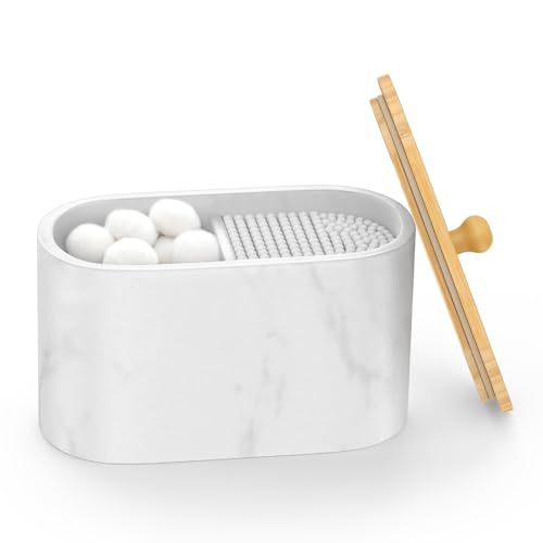 Cotton Swab Holder, Round Cotton Pads Balls Qtip Holder Dispenser with Lid, 2 Compartments Qtips Holder, Tampoms Period Box Bathroom Organizers Storage Bin Floss Dispenser Vanity Cosmetics, White