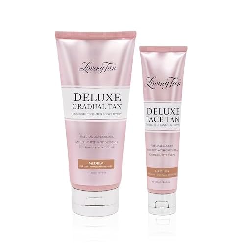 Loving Tan Deluxe Gradual Tanning Lotion (5.07Oz) + Face Tan, Medium (1.6Oz) - Streak Free, Natural Professional Strength Sunless Tanner, 7+ Applications per Bottle, Naturally Derived DHA, 2-Count