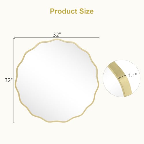 Gold Wavy Round Wall Mirror 32 Inch for Bathroom Bedroom Living Room - Modern Aluminum Frame, Decorative Mirror