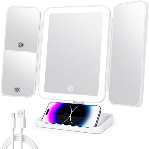Makeup Mirror Vanity Mirror with Lights, 3 Color Lighting Modes, 1X/2X/3X Magnification, Tri-fold, 360¡Æ Rotation, Phone Holder for Makeup, 2000mAh Rechargeable, Bedroom, Bathroom, (White)