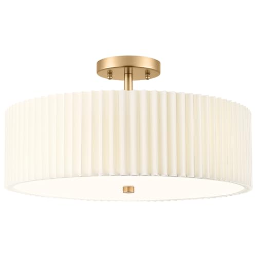18-Inch Gold Semi Flush Mount Ceiling Light with Pleated Fabric Shade - Audickic