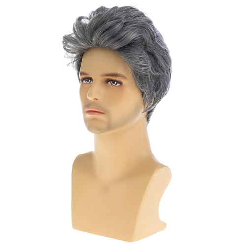 Baruisi Grey Short Wavy Layered Men’s Wig – Synthetic 100% Heat-Resistant, Halloween/Cosplay