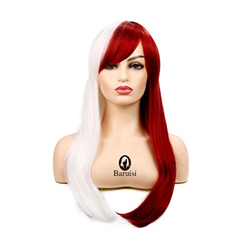 Anime Cosplay Wig for Women White & Red Synthetic Halloween Hair, Long Straight Style