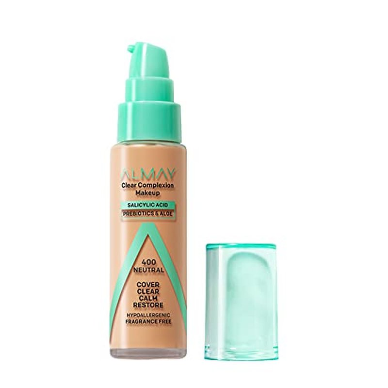 Almay Clear Complexion Acne Foundation Makeup with Salicylic Acid - Lightweight, Medium Coverage, Hypoallergenic, Fragrance-Free, for Sensitive Skin, 400 Neutral, 1 fl oz. (Pack of 4)