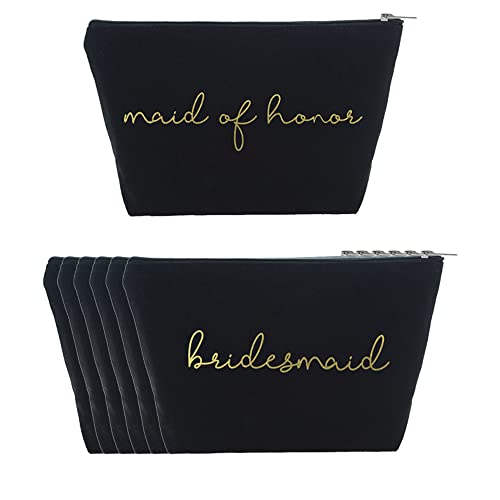 Tees & Tails Bridal Party Make Up Bag Set (Black, Bridesmaid (6 Qty) + Maid Of Honor (1 Qty))